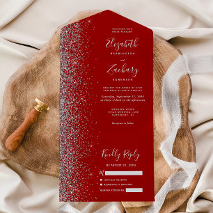 Invitation Tout En Un Mariage Moderne Rouge Cramoisi Paillettes Argentée