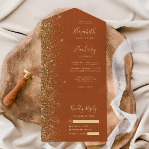 Invitation Tout En Un Mariage Moderne Terracotta Pailleté Or