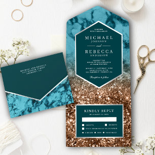 Invitation Tout En Un Mariage Moderne Turquoise Marbre Bronze Paillettes