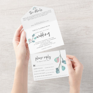 Invitation Tout En Un Mariage moderne Turquoise rose pastel Eucalyptus