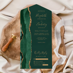 Invitation Tout En Un Mariage Moderne Vert Émeraude Agate Or