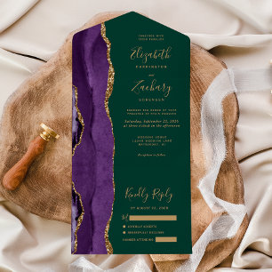 Invitation Tout En Un Mariage Moderne Violet Or Agate Vert Émeraude