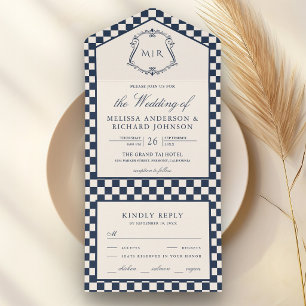 Invitation Tout En Un Mariage Monogramme à Carreaux Bleu Marine Ancien