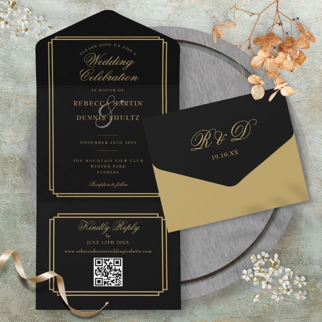 Invitation Tout En Un Mariage Monogramme Art Déco Code QR Noir Et Or (Black And Gold QR Code Art Deco Monogram Wedding All In One Invitation)