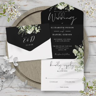 Invitation Tout En Un Mariage Monogramme Botanique Vert Noir Blanc 