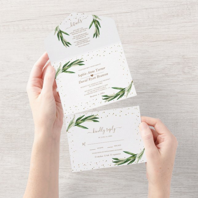 Invitation Tout En Un Mariage Monogramme Confettis Or Olive Verte   (Déchirure)