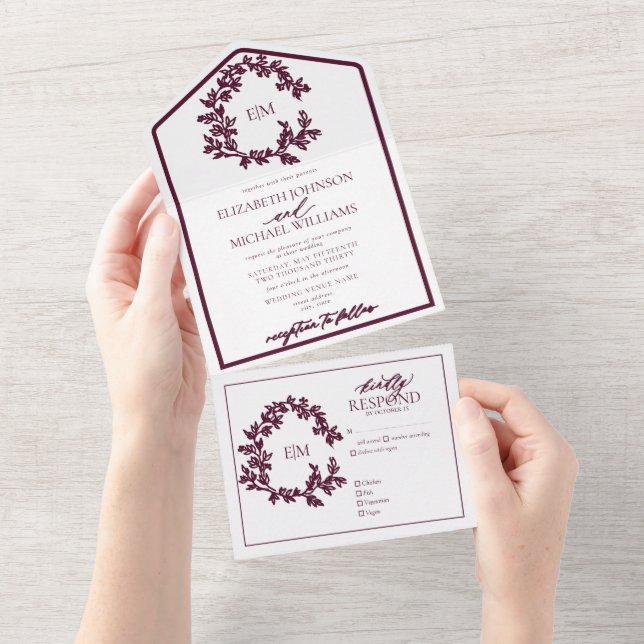 Invitation Tout En Un Mariage Monogramme de cime feutrée de Bourgogne mo (Déchirure)