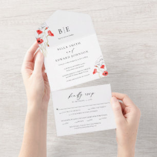 Invitation Tout En Un Mariage Monogramme de fleurs rouges de pavot