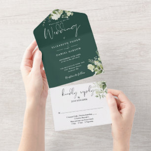 Invitation Tout En Un Mariage Monogramme de Verdure Botanique Émeraude