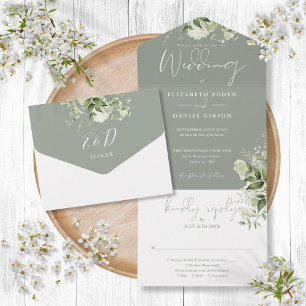 Invitation Tout En Un Mariage Monogramme de verdure botanique vert sauge
