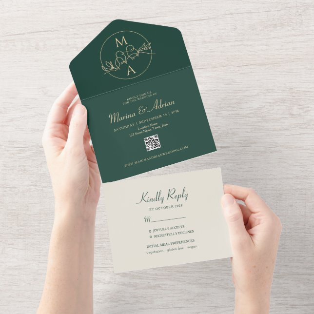 Invitation Tout En Un Mariage Monogramme Emerald Green (Déchirure)