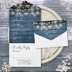 Invitation Tout En Un Mariage Monogramme en bois rustique bleu