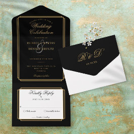 Invitation Tout En Un Mariage Monogramme Noir Et Or Classique