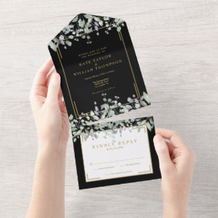 Invitation Tout En Un Mariage Monogramme Noir Et Or Feuillage De Lilas