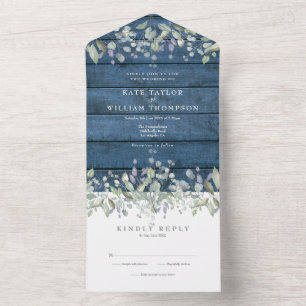 Invitation Tout En Un Mariage Monogramme Rustique Bleu Sauge de Bois et