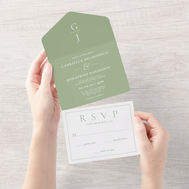 Invitation Tout En Un Mariage Monogramme vert Sage moderne RSVP (Déchirure)