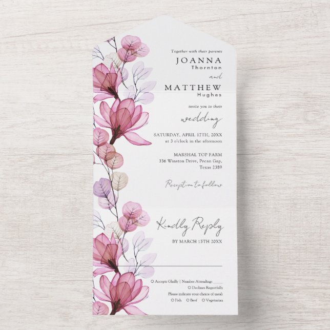 Invitation Tout En Un Mariage monographique transparent Dusty Rose Flora (À l'intérieur)