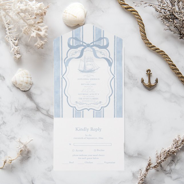 Invitation Tout En Un Mariage nautique Marine White Stripes Bateau (Créateur téléchargé)