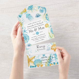 Invitation Tout En Un Mariage nautique Vie marine bleue et jaune
