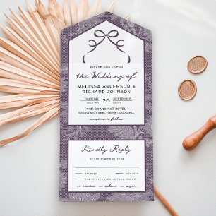 Invitation Tout En Un Mariage Nœud Coquette Dentelle Blanche Violet Pous