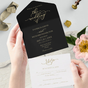 Invitation Tout En Un Mariage Noir Calligraphie Or Élégant