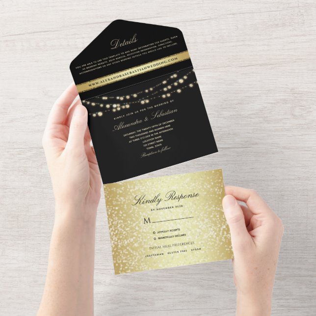Invitation Tout En Un Mariage noir et or (Déchirure)