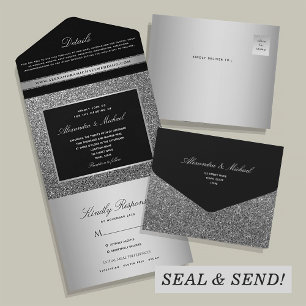Invitation Tout En Un Mariage Noir et Paillettes Argentées