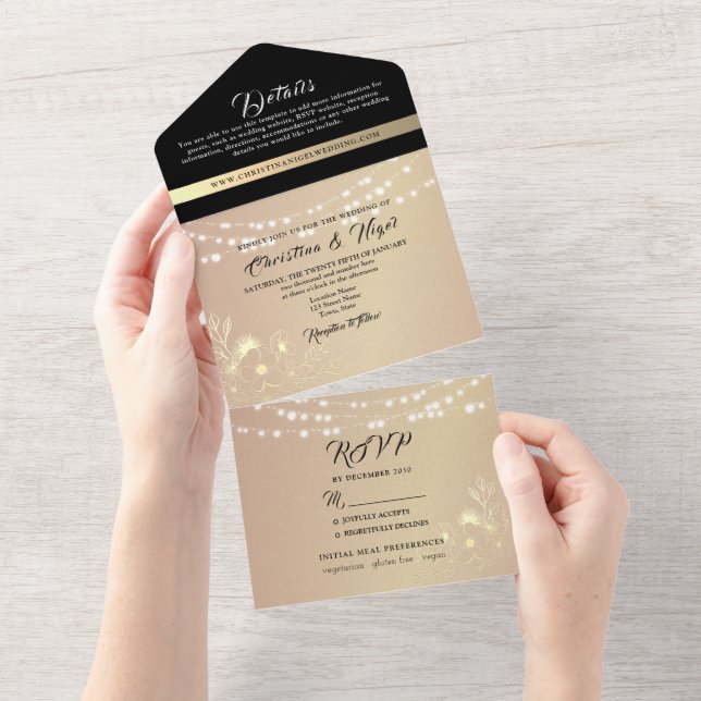 Invitation Tout En Un Mariage noir et rose chic (Déchirure)