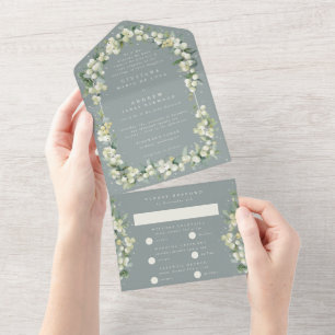 Invitation Tout En Un Mariage officiel Blue-Green Snowberry+Eucalyptus