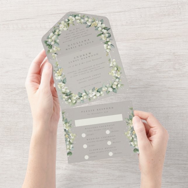 Invitation Tout En Un Mariage officiel Greige Snowberry+Eucalyptus (Déchirure)