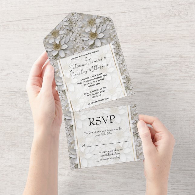 Invitation Tout En Un Mariage or blanc Lotus Fleurs (Déchirure)