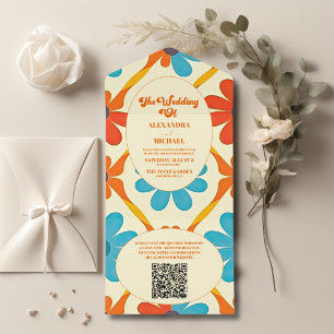 Invitation Tout En Un Mariage orange Super rétro du QR Code 70