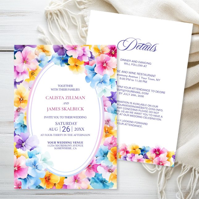 Invitation Tout en un Mariage ovale fleuri coloré (Créateur téléchargé)