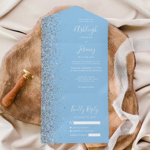Invitation Tout En Un Mariage Pailleté Argenté Bleu Pastel Moderne