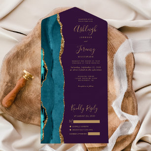 Invitation Tout En Un Mariage Paillettes Or Agate Turquoise Violet