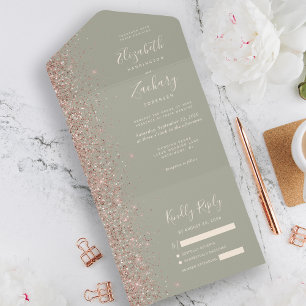 Invitation Tout En Un Mariage Paillettes Vert Sauge Moderne Or Rose