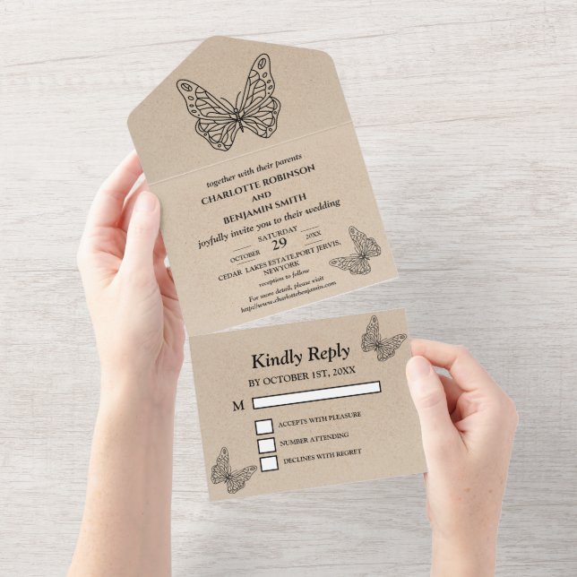 Invitation Tout En Un Mariage Papillon Rustique (Déchirure)
