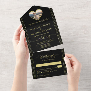 Invitation Tout En Un Mariage personnalisé pois dorés et noirs