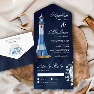 Invitation Tout En Un Mariage phare bleu marine nautique aquarelle  
