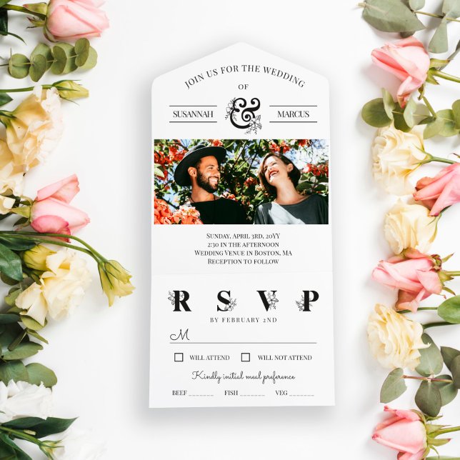 Invitation Tout En Un Mariage photo Black White Floral Ampersand (Créateur téléchargé)