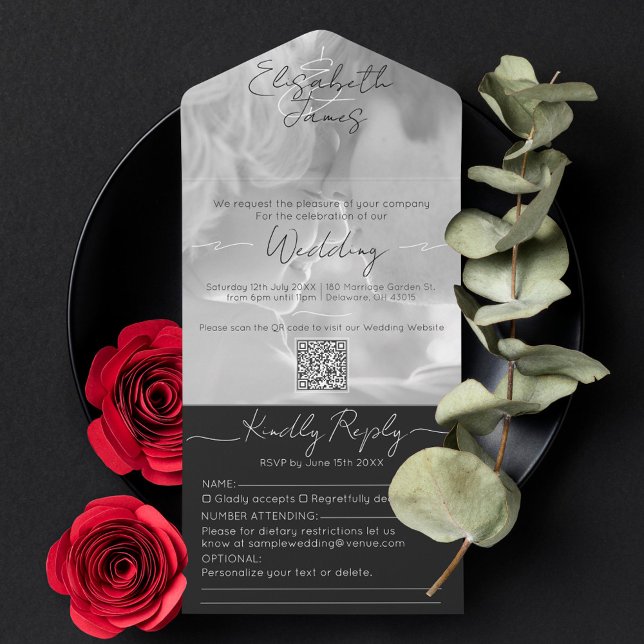 Invitation Tout En Un Mariage photo Black & White Modern Elegant Script (Créateur téléchargé)