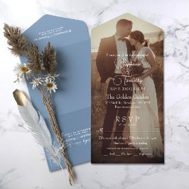 Invitation Tout En Un Mariage photo bleu Dusty moderne RSVP