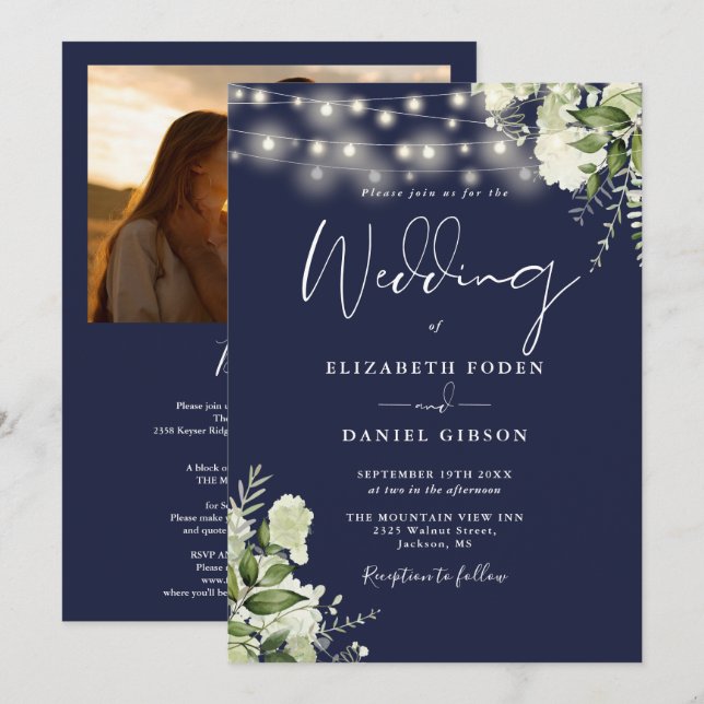 Invitation Tout en un Mariage photo bleu marine (Devant / Derrière)