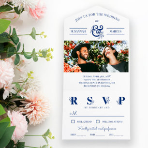 Invitation Tout En Un Mariage photo Blue White Floral Ampersand