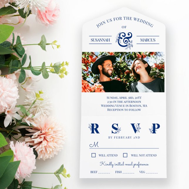 Invitation Tout En Un Mariage photo Blue White Floral Ampersand (Créateur téléchargé)