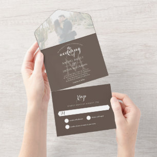 Invitation Tout En Un Mariage photo Brown Monogramme simple