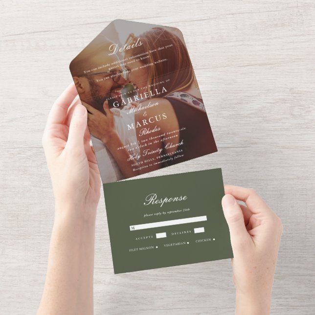 Invitation Tout En Un Mariage photo chic vert (Déchirure)