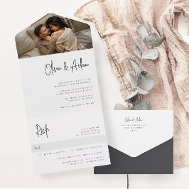 Invitation Tout En Un Mariage photo de script manuscrit noir moderne