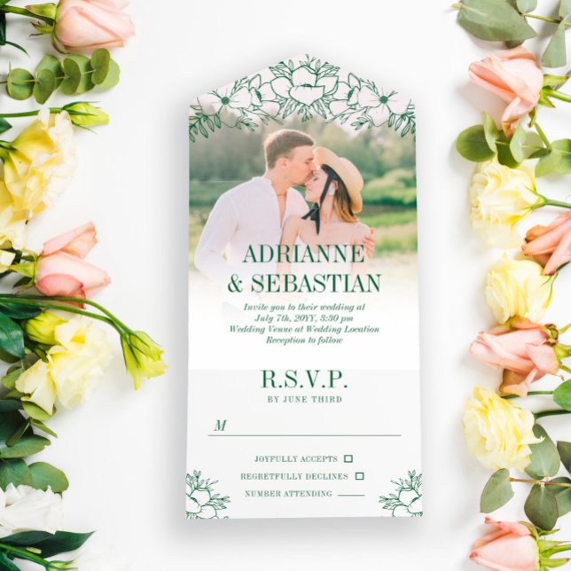 Invitation Tout En Un Mariage photo Deep Green Floral Line (Créateur téléchargé)