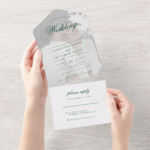 Invitation Tout En Un Mariage Photo Élégant Classique Émeraude Vert